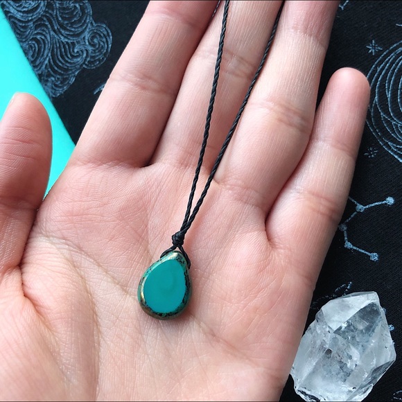 Teal “Window” Picasso Teardrop Czech Glass Necklace/Choker - Picture 3 of 5